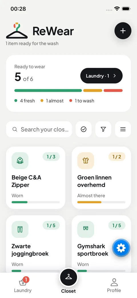 ReWear closet screen showing 5 of 6 items ready to wear, with wear counters per item