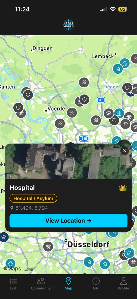 UrbexWorld map with location pins and a spot card with a View Location button